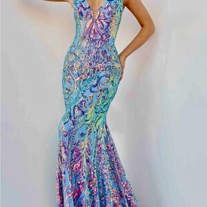 Jovani White Iridescent Sequin Mermaid Gown